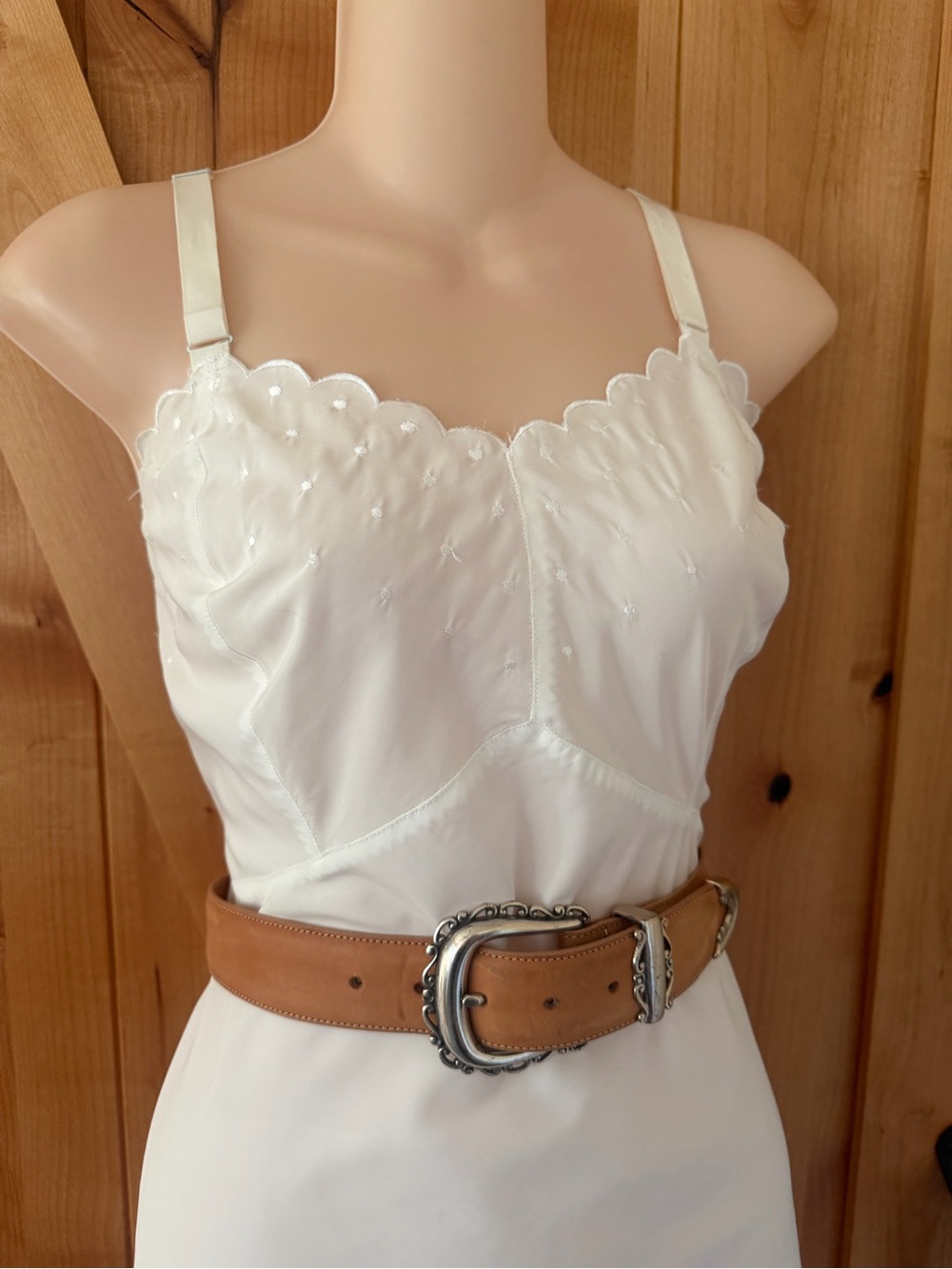 Vintage 1950s Barbizon Candie Tafredda Slip Dress Ivory Scalloped Coquette, L - Picture 4 of 16
